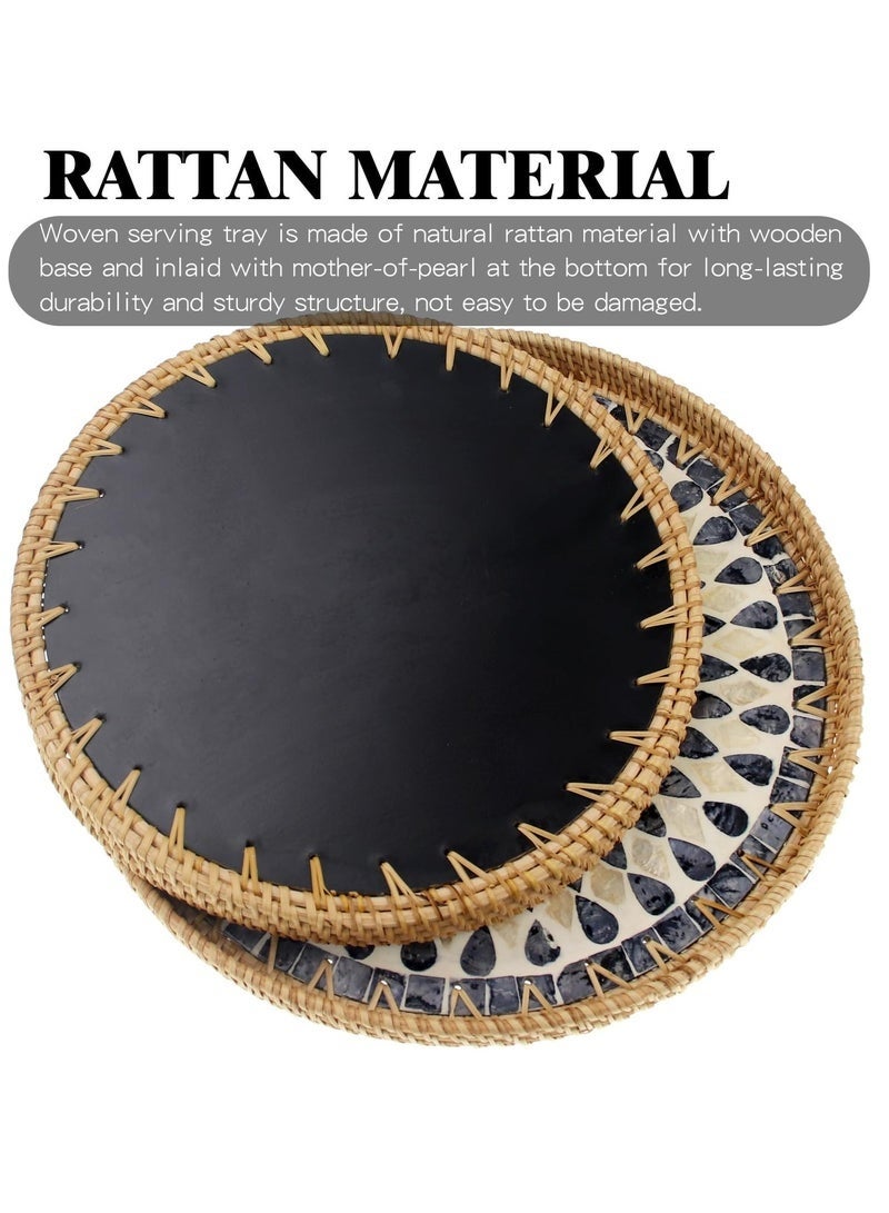 MYONE Set of 2 Sizes Round Rattan Serving Tray with Mother of Pearl Inlay, Handwoven Coffee Table Boho Decor Basket for Bread Fruit Food Kitchen Home Office Waterdrop Black,35cm+30cm - Image 5
